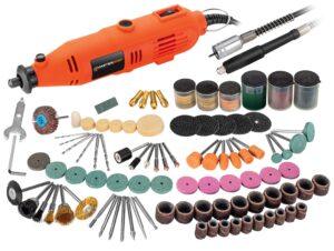 mastergrip 1.1-amp variable speed steady-grip rotary tool with 215-piece accessory kit, electronic speed adjust, and carrying case - 790461ece