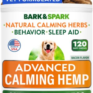 BARK&SPARK Advanced Calming Chews for Dogs - Anxiety Relief Treats - Melatonin + Hemp Oil - Separation Aid - Stress Relief During Fireworks, Storms, Thunder - Aggressive Behavior - SmokyBacon (120ct)