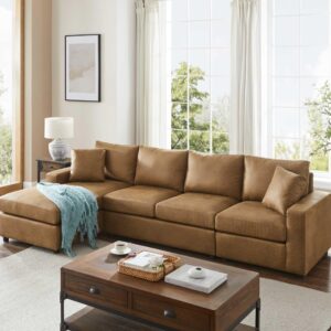 VANOMi 116'' Faux Leather Sectional Sofa, L-Shaped Five-Seat Living Room Sofa Couch, Chaise Longue on The Left, Light Brown