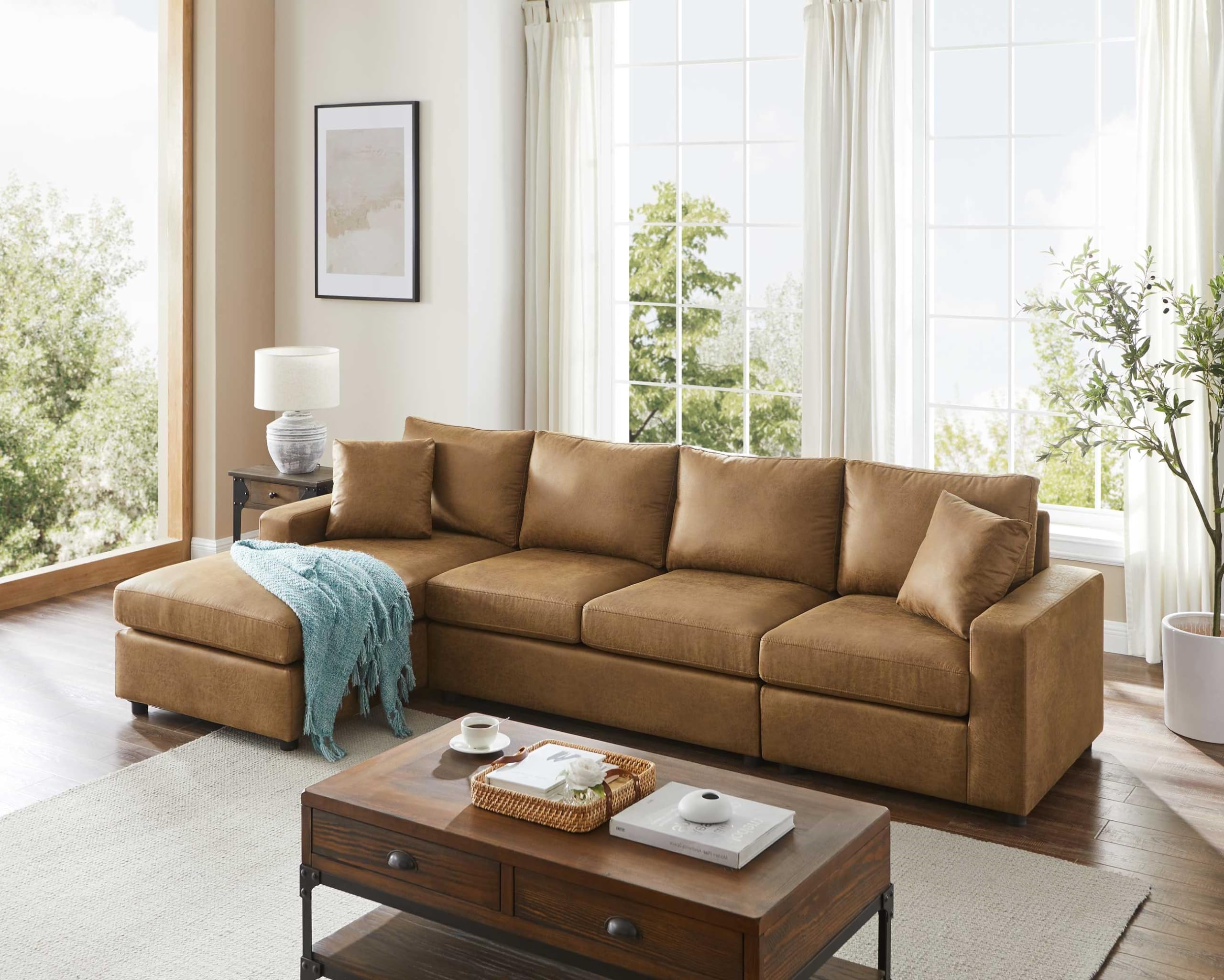 VANOMi 116'' Faux Leather Sectional Sofa, L-Shaped Five-Seat Living Room Sofa Couch, Chaise Longue on The Left, Light Brown