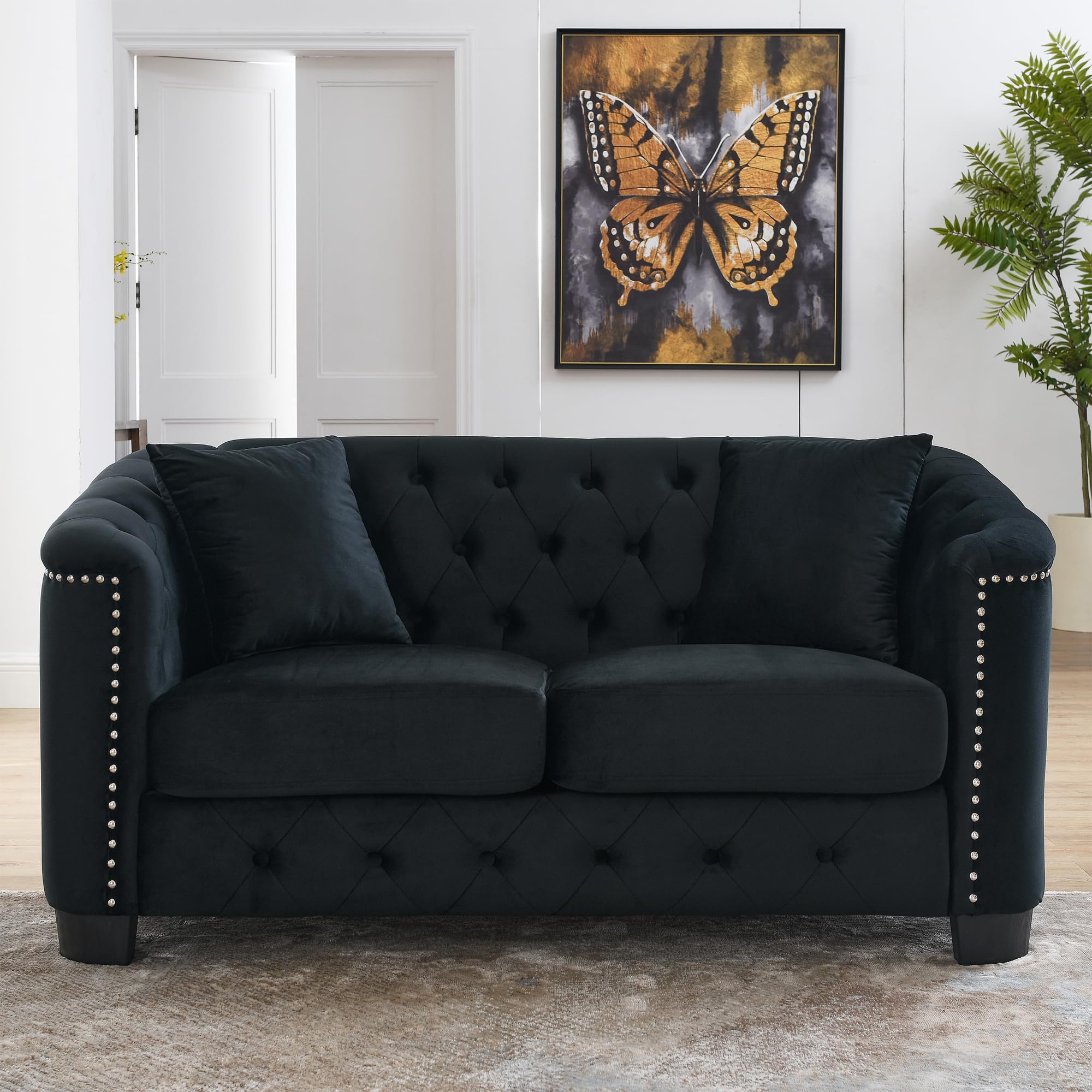 mikibama Modern Chesterfield Velvet Loveseat Sofa, 59 Inch Sectional Sofa, Luxury 2 Seater Upholstered Tufted Couch with Nailhead Arms and 2 Pillows for Living Room, Bedroom, Apartment(Black)