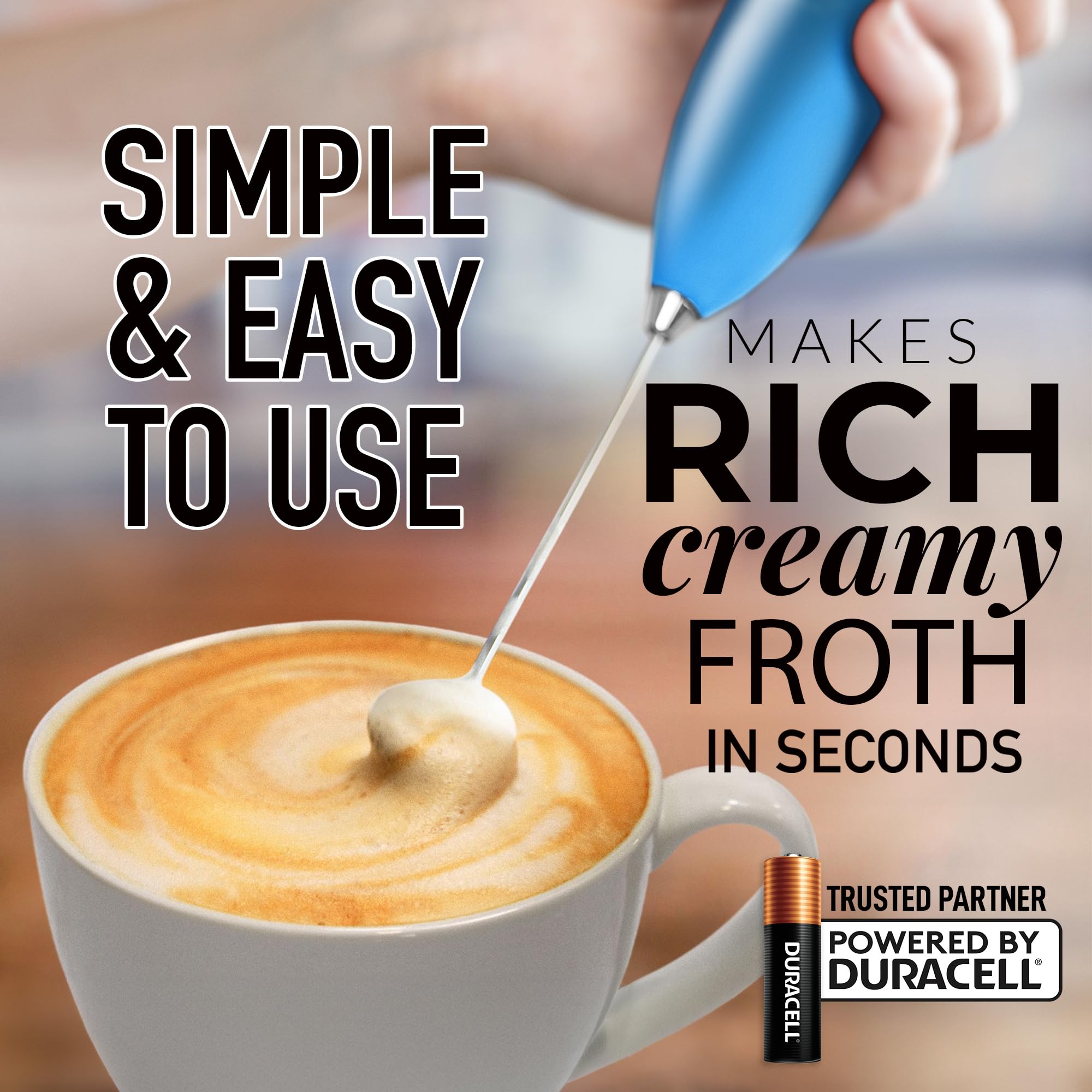 Zulay Kitchen Milk Frother Wand (2 Duracell Batteries Included) - Handheld Milk Frother - Easy-Clean Milk Frother Wand & Drink Mixer - Electric Coffee Frother for Frappe, Matcha - Metallic Blue