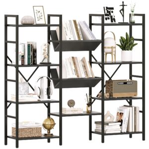 idealhouse 4 tier bookshelf, industrial bookcase and short bookshelf with storage, open large metal frame display shelves for living room, bedroom, home office-black