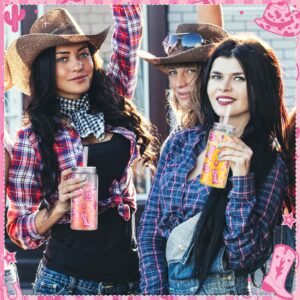 Qinyoung 24 Pcs Western Cowgirl Cowboy lPlastic Tumbler 14.2 oz Reusable Cups with Lids and Straws Beer Can Iced Coffee Cup for Preppy Party Decoration Women Cowgirl Gift(Pink)