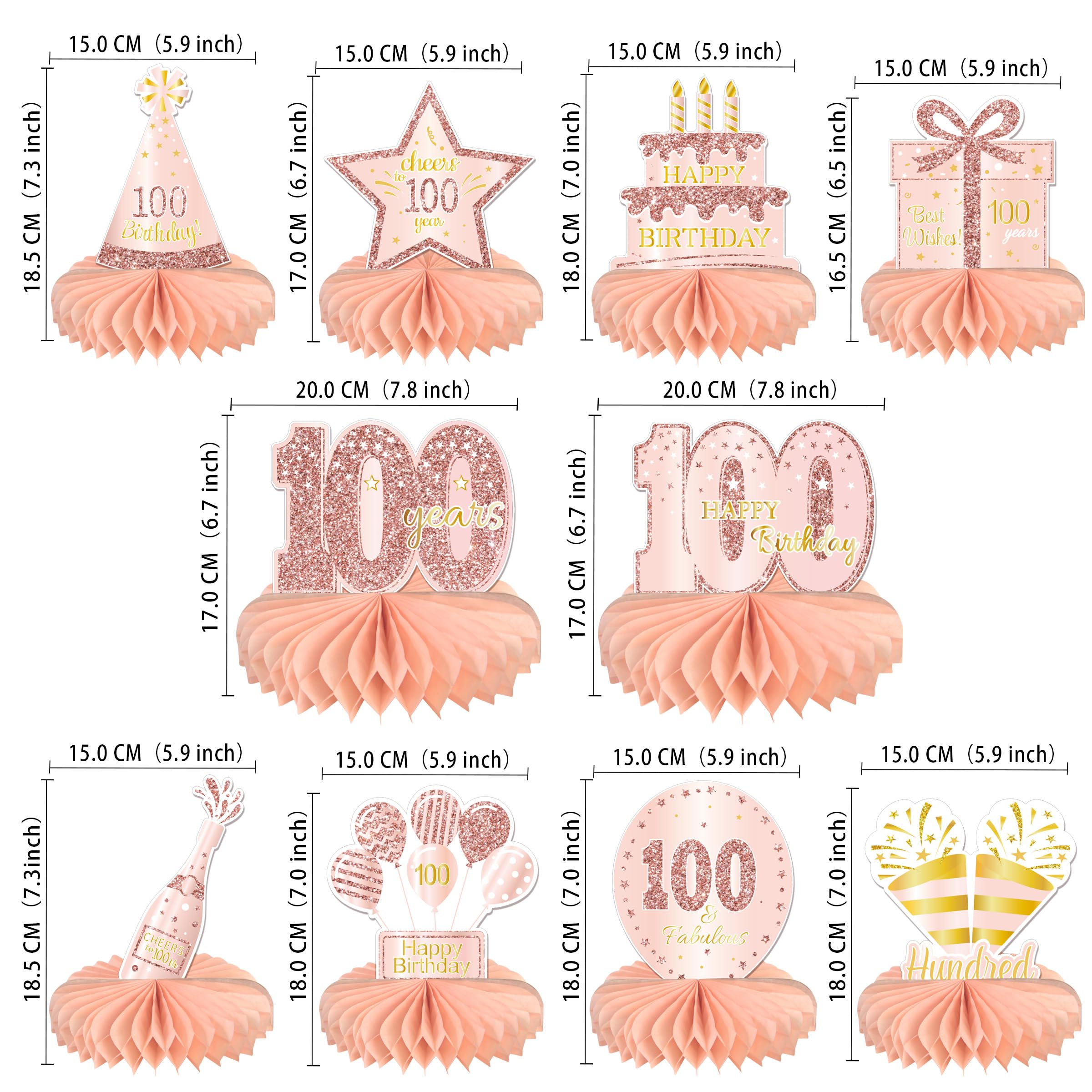 10PCS 100th Birthday Decorations Centerpieces for Table Decorations,Rose Gold Pink Happy 100th Birthday Honeycomb Table Topper Birthday Party Decoration for Women (Rose Gold & Pink, 100 Years)