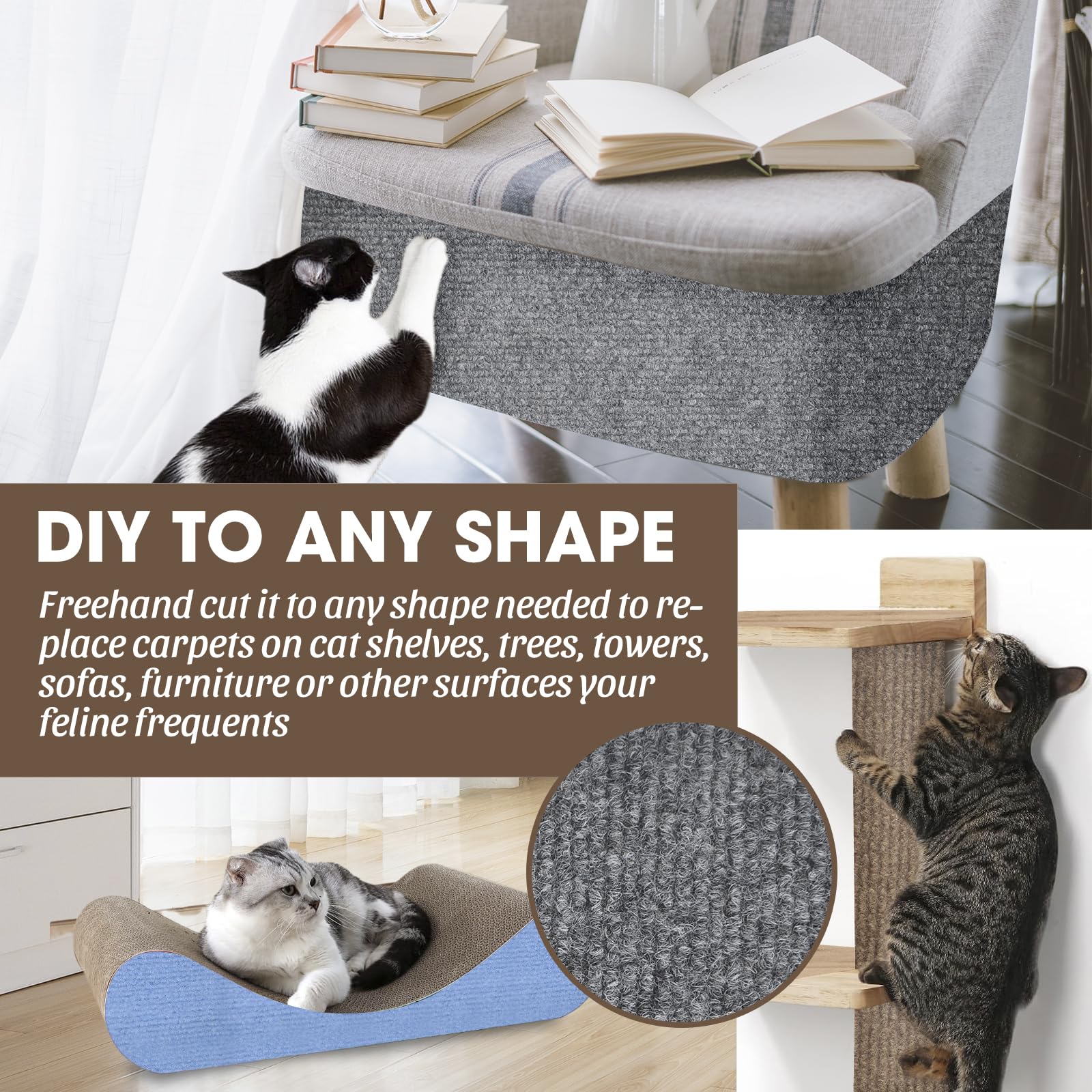 Cat Scratching Mat, 100"x16" Self-Adhesive Carpet Mat Trimmable Replacement for Cat Tree, Cat Wall Shelves, Cat Scratching Post, TanoFalo DIY Couch Furniture Protector (Light Gray)