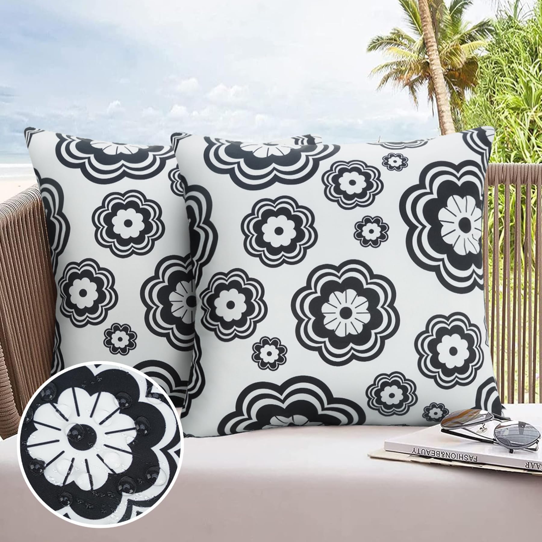 JASEN Black and White Floral Outdoor Pillow Cover, Outdoor Pillow Covers 18x18 Waterproof Set of 2, Decorative Throw Pillow Cover for Outside Patio Furniture Garden (No Inserts)