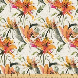 ambesonne floral fabric by the yard, spring botanical garden fashion nature art watercolor flowers pattern, decorative fabric for upholstery and home accents, 1 yard, earth yellow sage green