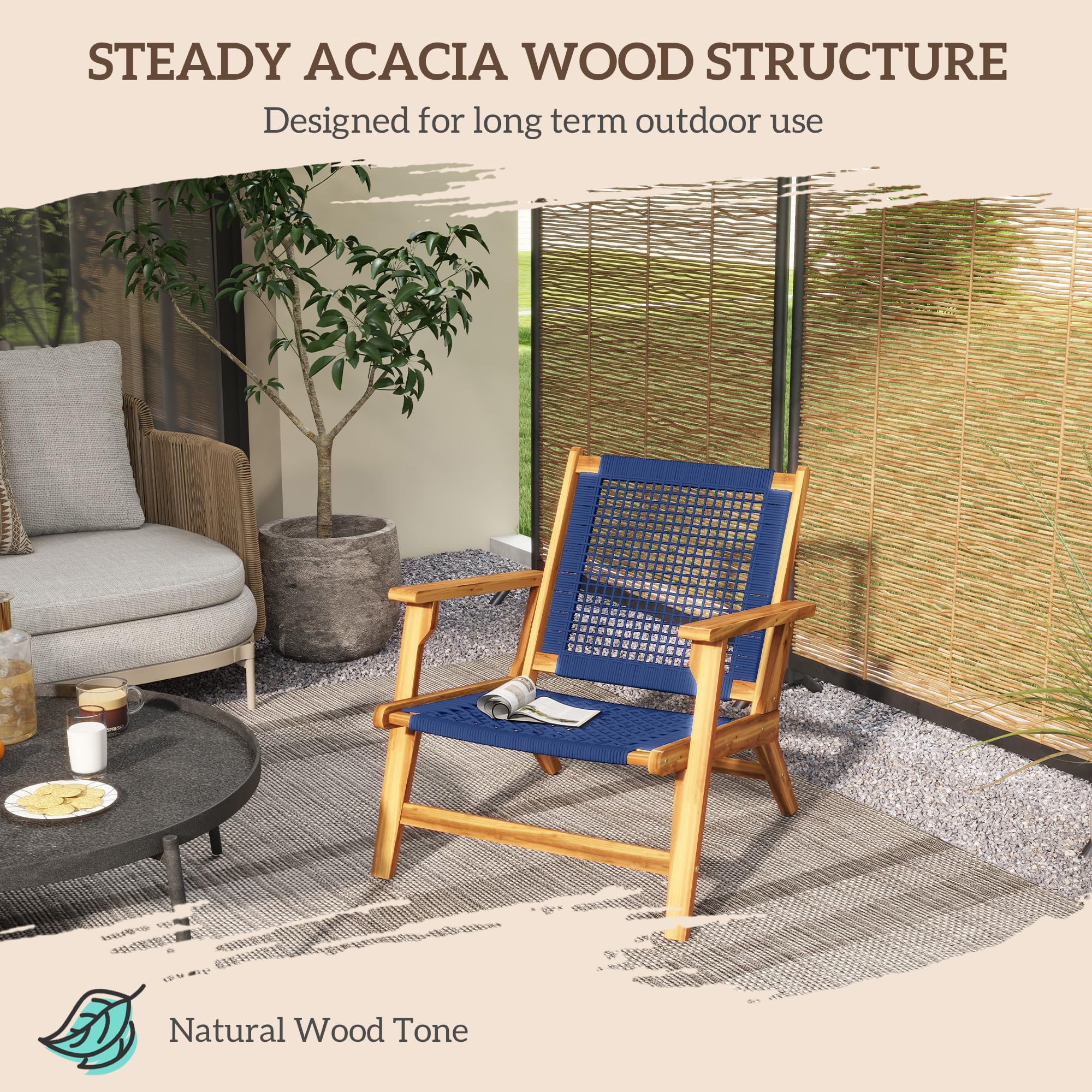 Outsunny Patio Acacia Wood Adirondack Chair, Modern Wood Fire Pit Chair with PP Rope Weave, Coconino Lounge Chair with High Backrest Support, Dark Blue