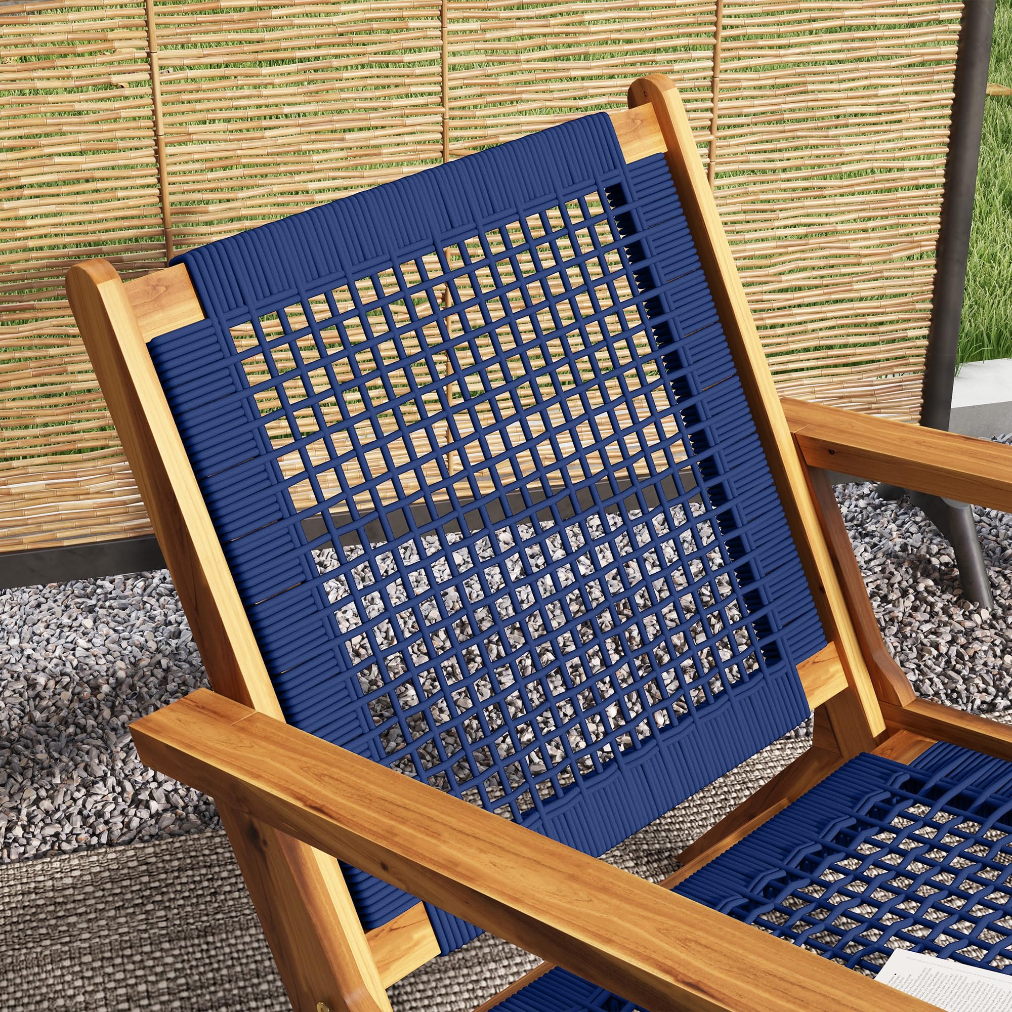 Outsunny Patio Acacia Wood Adirondack Chair, Modern Wood Fire Pit Chair with PP Rope Weave, Coconino Lounge Chair with High Backrest Support, Dark Blue