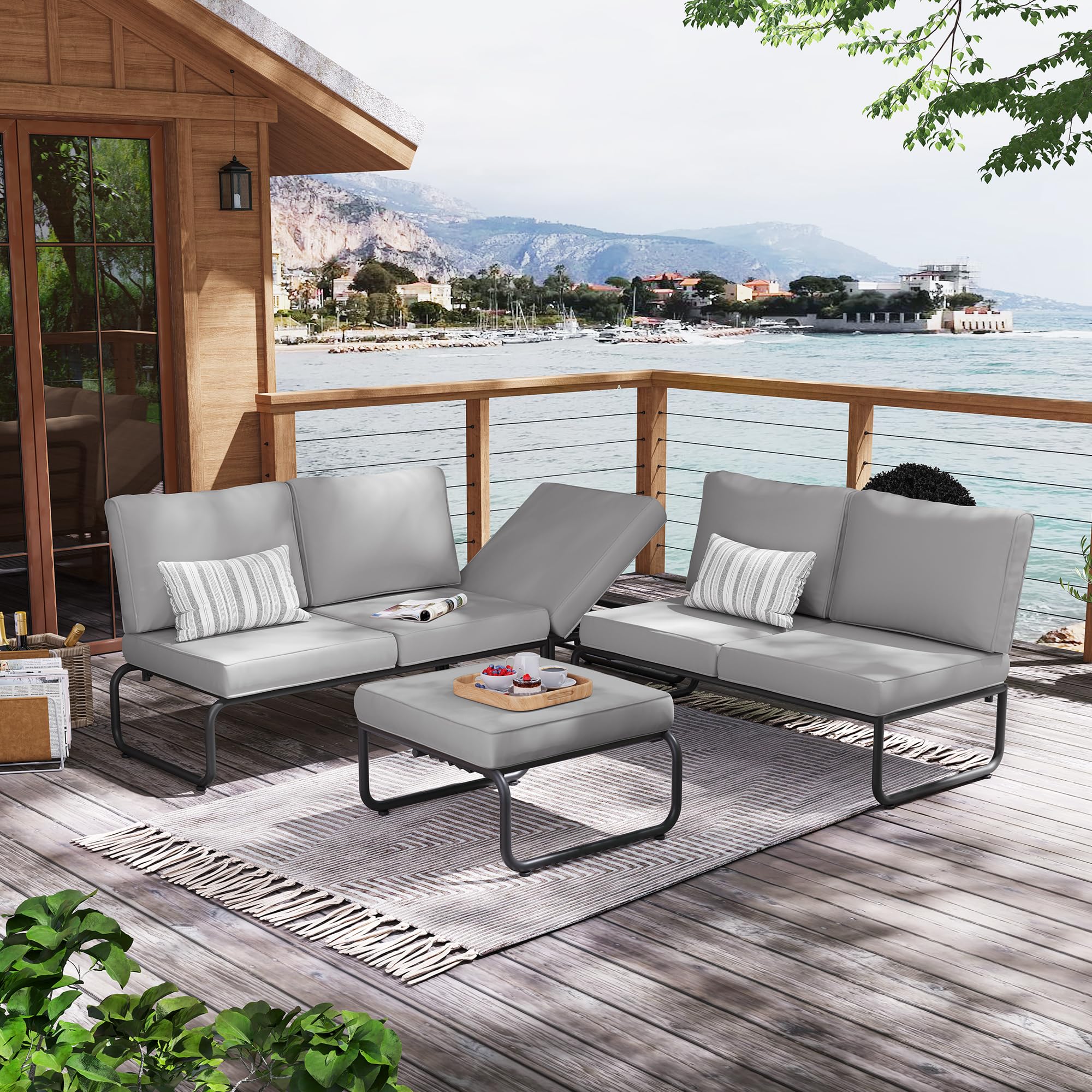 VredHom 6PCS Aluminum Outdoor Furniture Sets with Cushion Patio Sectional Sofas with Adjustable Backsest, Patio Conversation Set for Pool, Backyard, Garden, Light Gray