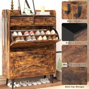 Shoe Cabinet Storage for Entryway, Narrow Shoe Organizer Cabinet with 2 Flip Drawers & 2 Fabric Drawers, Farmhouse Freestanding Big Shoe Storage Cabinet with Robust Legs, Rustic Brown