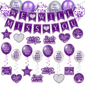 purple farewell party decorations supplies 30pcs purple silver we will miss you banner balloons good luck hanging swirls cards for retirement farewell going away graduation job change goodbye party