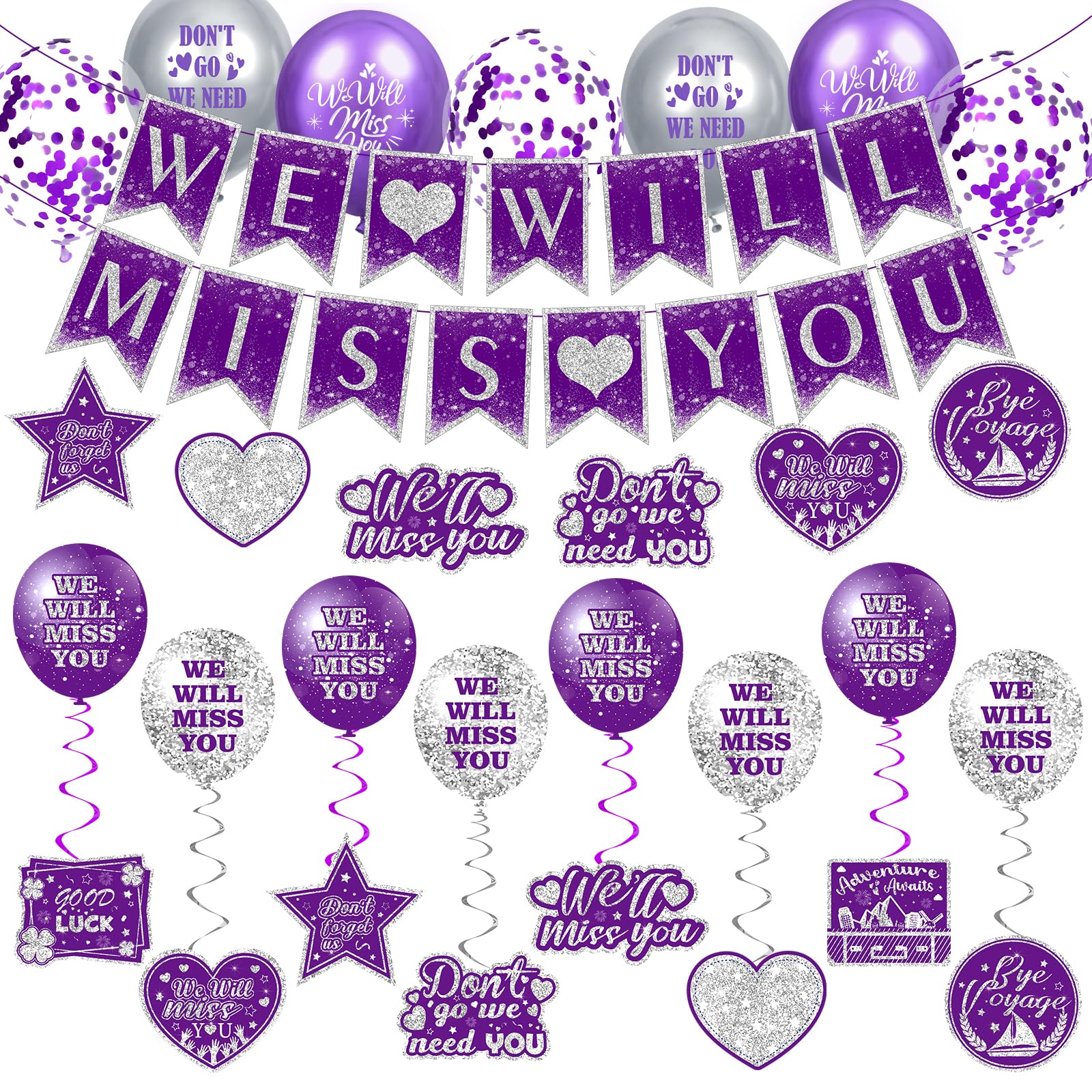 Purple Farewell Party Decorations Supplies 30Pcs Purple Silver We Will Miss You Banner Balloons Good Luck Hanging Swirls Cards for Retirement Farewell Going Away Graduation Job Change Goodbye Party