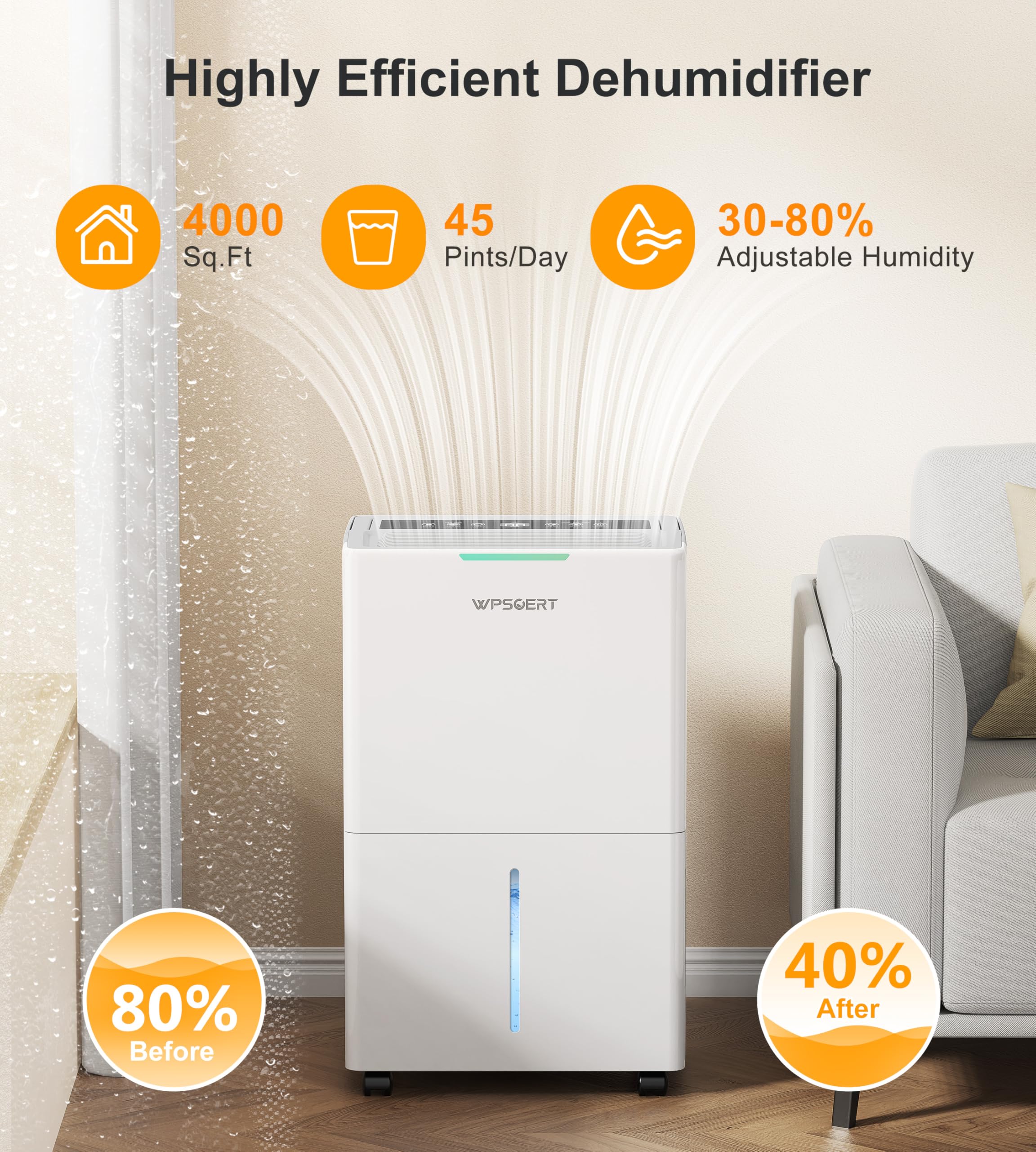 Wpsoert 4,000 Sq.Ft Dehumidifier for Basement with Drain Hose, 45 Pints Dehumidifiers for Home Large Room, Bedroom Intelligent Humidity Control with Auto Shut Off, Auto Defrost, Dry Clothes, 24H Timer