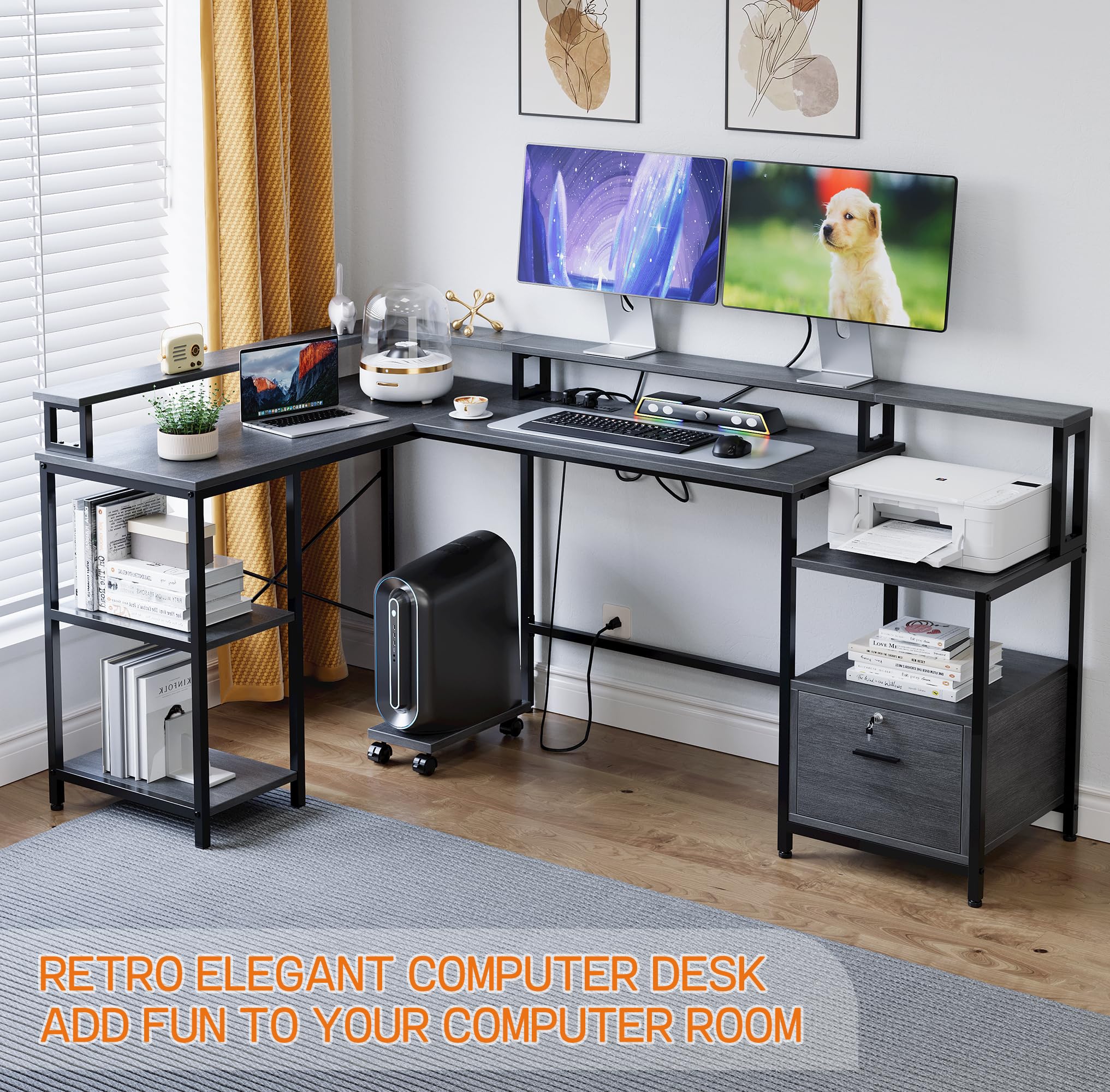 IDEALHOUSE L Shaped Desk - 76" Reversible L Shaped Computer Desk with File Drawer, Office Desk with Power Outlet, L Shaped Gaming Desk with Monitor Shelf, Corner Desk for Home Office, Grey Oak