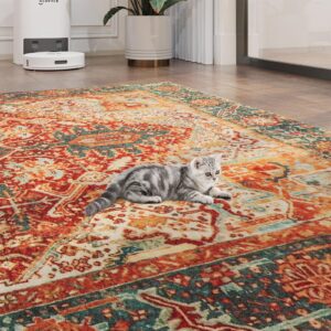 TECHMILLY 5x7 Area Rugs, Machine Washable Rugs Vintage Design, Traditional Non Slip Rugs for Living Room, Bedroom,Rust