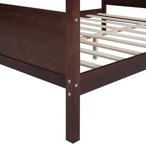 WOODRK Queen Size Canopy Platform Bed Frame with Headboard and Footboard, Wood Slat Support Leg, Modern Design Platform Beds with 4 Canopy Columns, for Bedroom, No Box Spring Needed, Espresso