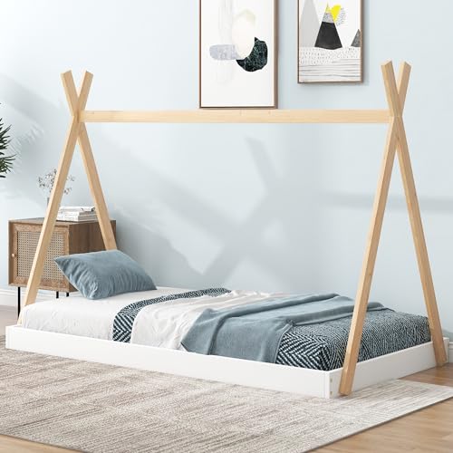 CABSETT Teepee Bed Frame for Kids, Twin Size Tent Floor Bed with Triangle Structure, Floor Platform Bed with X-Shaped Safety Railings, White+Natural