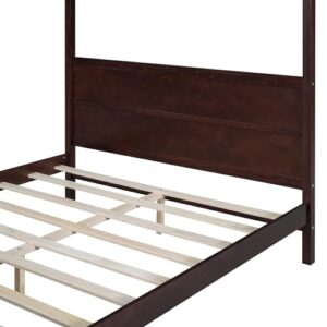 WOODRK Queen Size Canopy Platform Bed Frame with Headboard and Footboard, Wood Slat Support Leg, Modern Design Platform Beds with 4 Canopy Columns, for Bedroom, No Box Spring Needed, Espresso