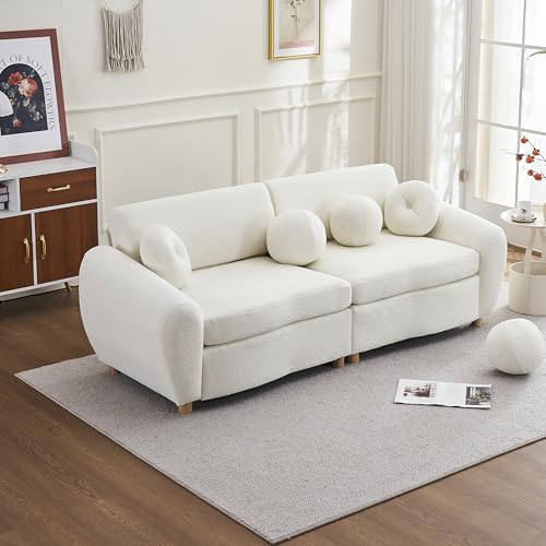 Teddy Fabric Curved Modular Sectional Sofas with Decorative Pillows, Fluffy Upholstery 3 Seater Loveseat Cloud Couch with Thicked Cushion and Wood Legs for Living Room,Office, Apartment