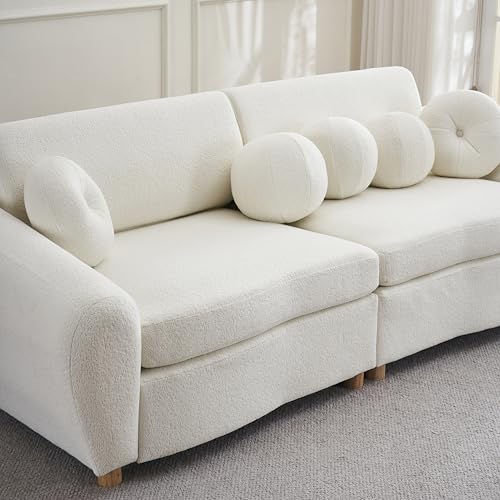 Teddy Fabric Curved Modular Sectional Sofas with Decorative Pillows, Fluffy Upholstery 3 Seater Loveseat Cloud Couch with Thicked Cushion and Wood Legs for Living Room,Office, Apartment