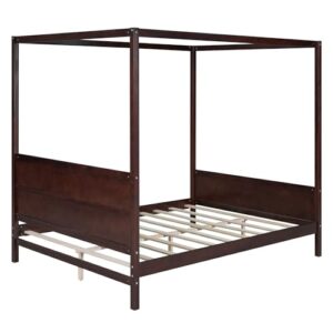 WOODRK Queen Size Canopy Platform Bed Frame with Headboard and Footboard, Wood Slat Support Leg, Modern Design Platform Beds with 4 Canopy Columns, for Bedroom, No Box Spring Needed, Espresso