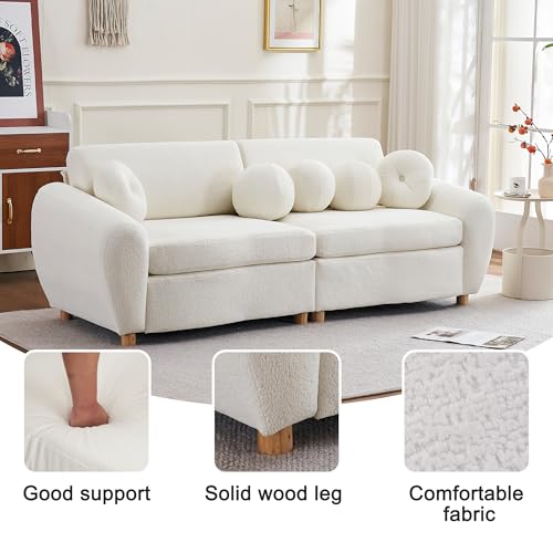 Teddy Fabric Curved Modular Sectional Sofas with Decorative Pillows, Fluffy Upholstery 3 Seater Loveseat Cloud Couch with Thicked Cushion and Wood Legs for Living Room,Office, Apartment