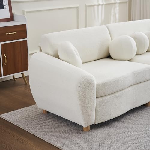 Teddy Fabric Curved Modular Sectional Sofas with Decorative Pillows, Fluffy Upholstery 3 Seater Loveseat Cloud Couch with Thicked Cushion and Wood Legs for Living Room,Office, Apartment