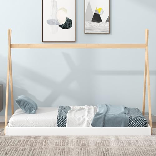 CABSETT Teepee Bed Frame for Kids, Twin Size Tent Floor Bed with Triangle Structure, Floor Platform Bed with X-Shaped Safety Railings, White+Natural