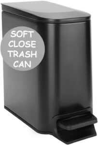 homie soft close, slim trash can 6 liter / 1.6 gallon with anti - bag slip liner and lid, use as mini garbage basket, slim dust bin, or decor in bathroom, restroom, kitchen, or bedroom (matte black)