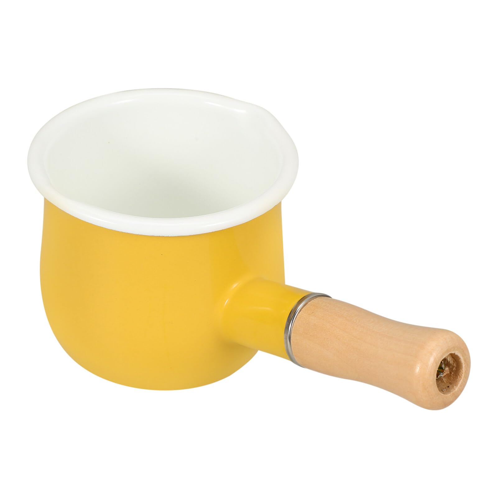 HOLIDYOYO Enamel Milk Pan Sauce Pan Butter Warmer Noodle Bowl Ceramic Mini Cooking Pot with Wood Handle for Noodle Butter Coffee Baby Food