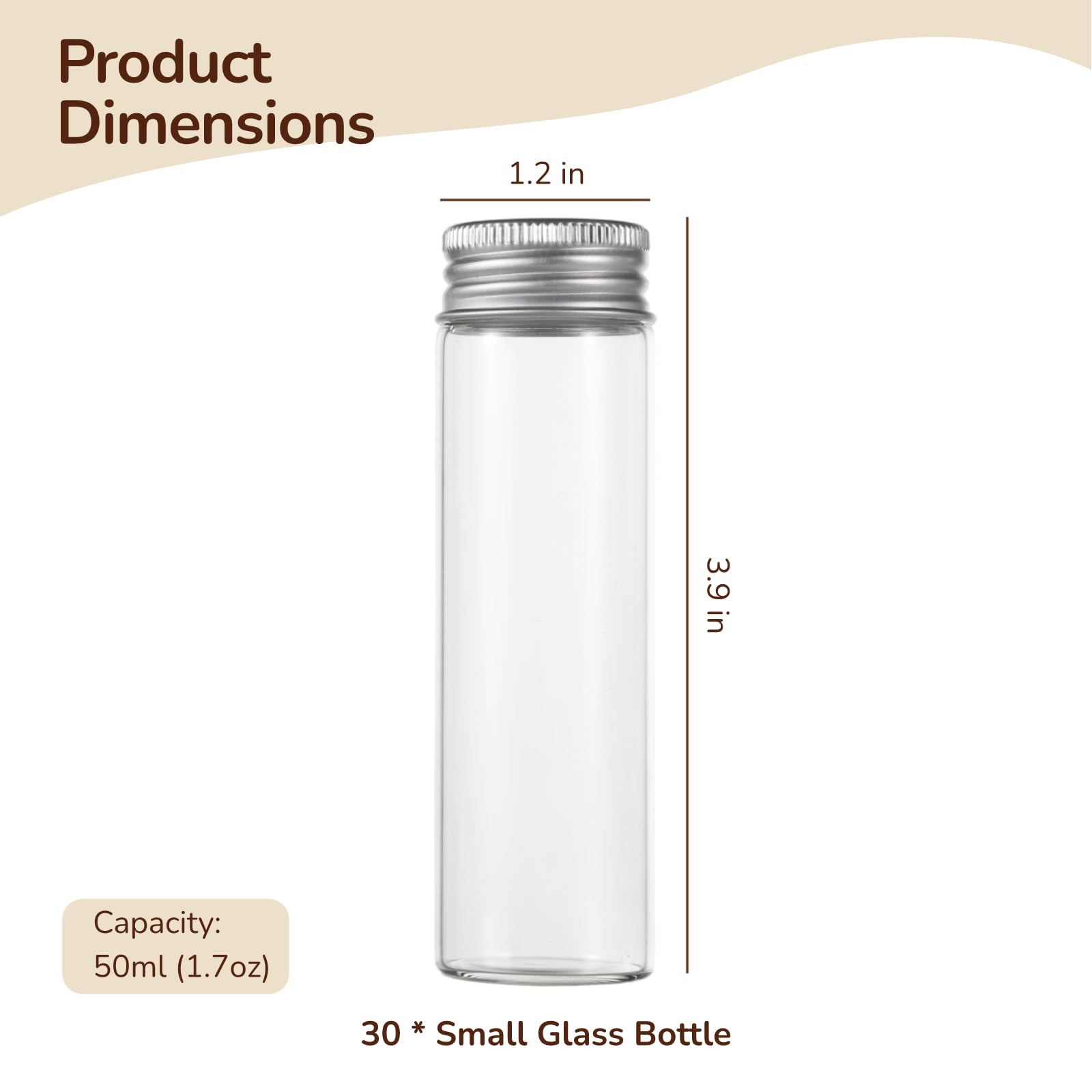 30PCS 50ml Glass Vials with Screw Caps, Clear Flat Test Tubes with Lids, Leak Proof Liquid Sample Vials for Essential Oil, Perfume, Reagent, Medicine, Reusable and Fridge Safe