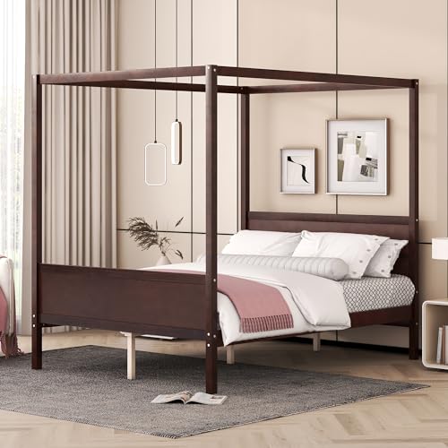 WOODRK Queen Size Canopy Platform Bed Frame with Headboard and Footboard, Wood Slat Support Leg, Modern Design Platform Beds with 4 Canopy Columns, for Bedroom, No Box Spring Needed, Espresso