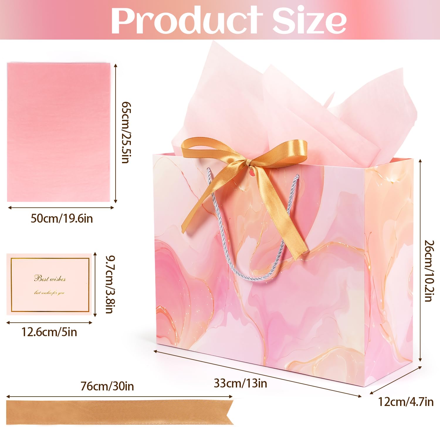 MAMUNU Pink Gift Bags, 2PCS 13” Large Gift Bags with Tissue Paper and Greeting Cards, Gift Bags with Handles Bow for Women Girls, Pink Gift Bags for Birthday Wedding Bridal Baby Shower Anniversaries