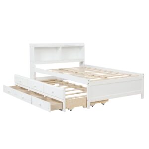 Full Size Bed Frame with Bookcase Headboard,Captain’s Bed Full with Trundle and Drawers for Kids,Trundle Bed with Storage for Teens,Adults(Full,White)