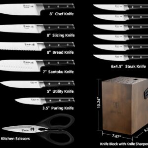 ODERFUN Kitchen Knife Set with Block, 15PCS Full Tang Knife Block Set with Built-in Sharpener, High Carbon Stainless Steel Knives Sets for Kitchen, Razor Sharp Kitchen Knives with Box