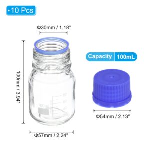 PATIKIL 10 Pack Reagent Media Storage Bottles, 100ml Borosilicate Glass Graduated Round Bottles with GL32 Blue Screw Cap for Lab Water Reagent Liquids, Clear