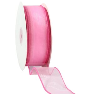 laribbons organza wired ribbon, hot pink sheer ribbon for flower bouquet, gift wrapping, wedding invitations wreaths wrap, party decoration, 1 1/2" | 50 yard