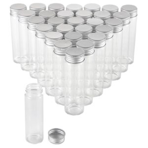 30PCS 50ml Glass Vials with Screw Caps, Clear Flat Test Tubes with Lids, Leak Proof Liquid Sample Vials for Essential Oil, Perfume, Reagent, Medicine, Reusable and Fridge Safe