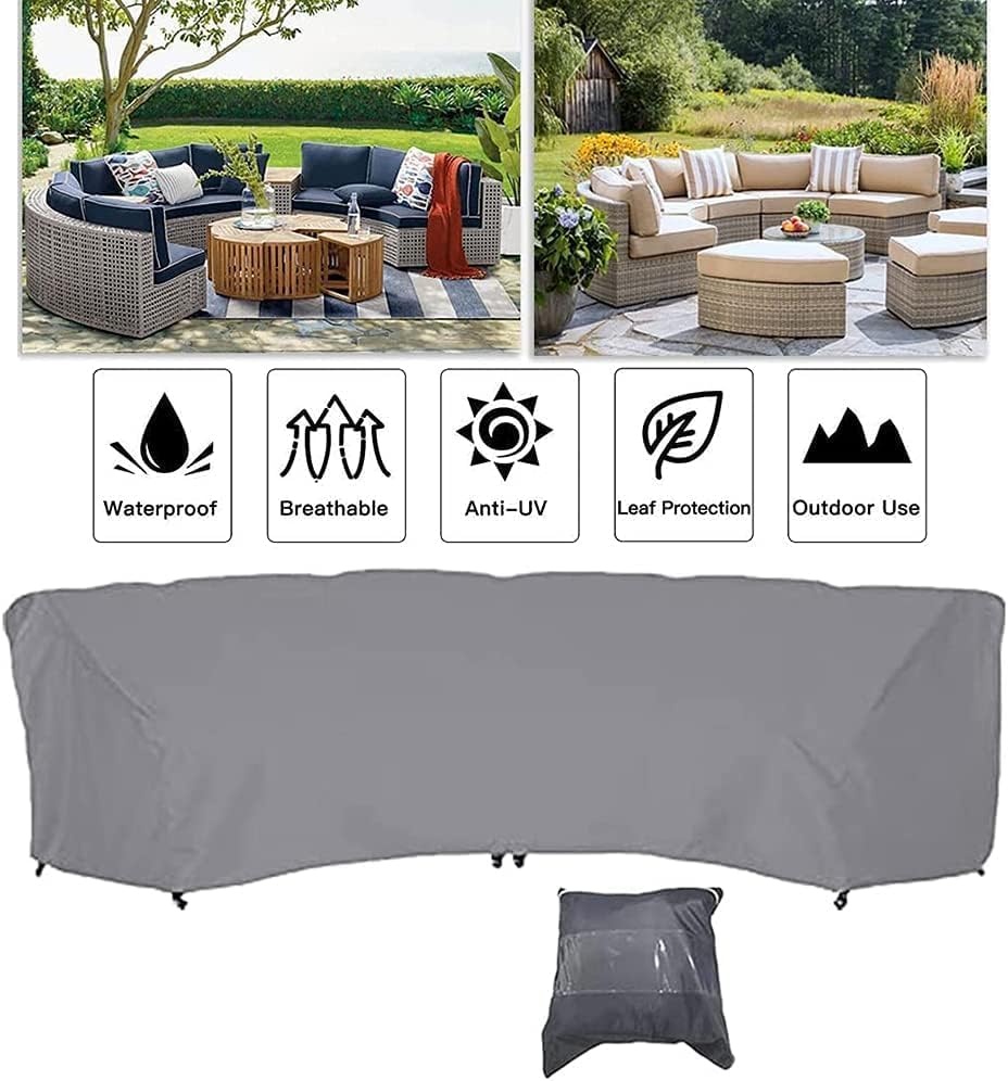 UCARE Curved Sofa Cover Outdoor Couch Sectional Protector Waterproof Half Moon Sofa Set Cover with Windproof Elastic Cord for Garden Lawn Indoor Grey (89.7x45.6x33.8in/228x116x86cm)