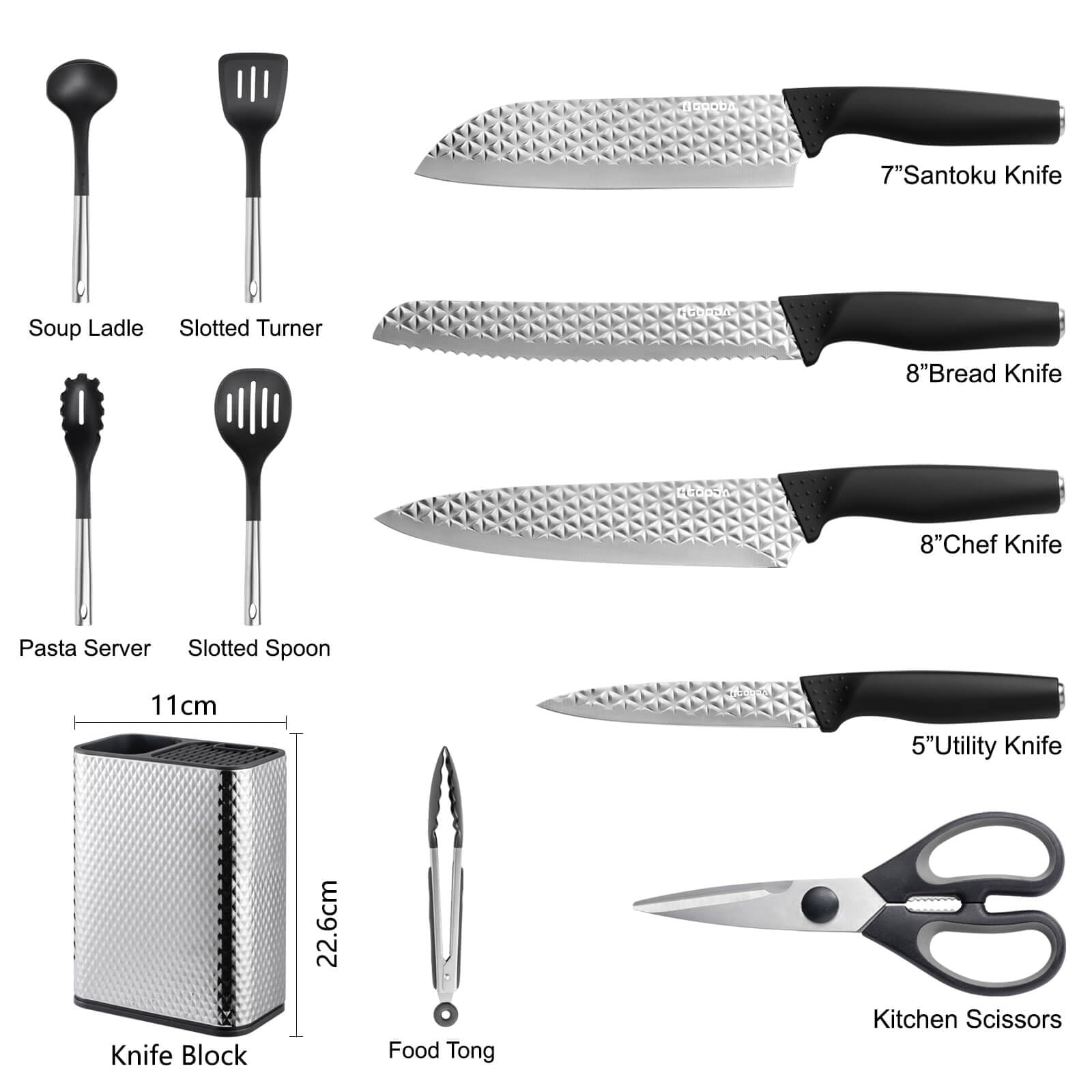 GOODA Kitchen Utensil Knife Set,11-Piece Heat-Resistant Nylon Kitchen Utensils&Cooking Knives Set with Block For Kitchen,11-in-1 Kitchen Tools Set with Holder