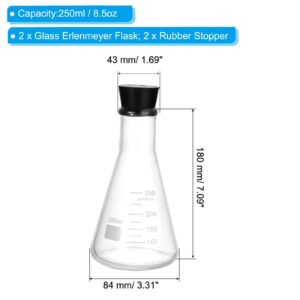 PATIKIL Erlenmeyer Flask, 2 Set 250ml 8.5oz Narrow Mouth Graduated Flasks with Rubber Stopper Borosilicate Glass Flasks with Printed Graduation for Lab Experiment Chemistry Science Study