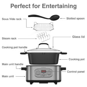 Anfilank 10-in-1 Programmable Slow Cooker with Timer, 6.8 Quart Crock Pot, Presets to Sous Vide, Bake, Sauté, Cook Rice& More, Nonstick Dishwasher-Safe Pot, Adjustable Temp&Time, Stainless Steel