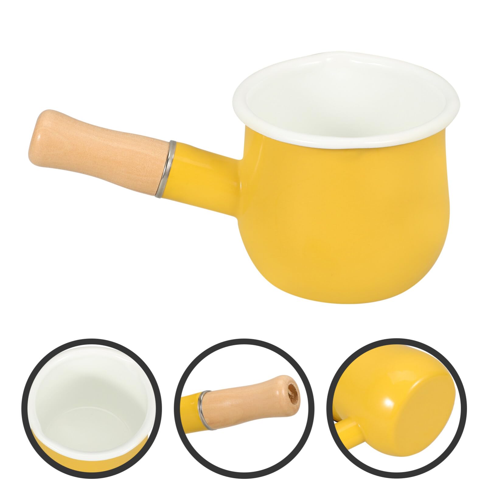 HOLIDYOYO Enamel Milk Pan Sauce Pan Butter Warmer Noodle Bowl Ceramic Mini Cooking Pot with Wood Handle for Noodle Butter Coffee Baby Food