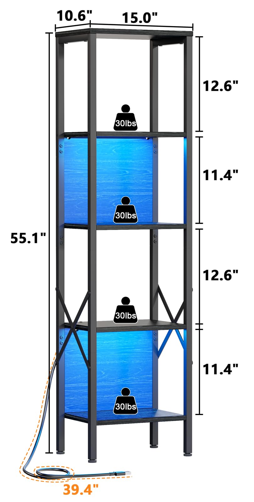 Furologee 5 Tier Book Shelf with LED Light, Tall Display Bookcase with Back, Narrow Industrial Standing Shelving Units, Metal and Wooden Storage Rack for Bedroom, Living Room, Office, Black Oak