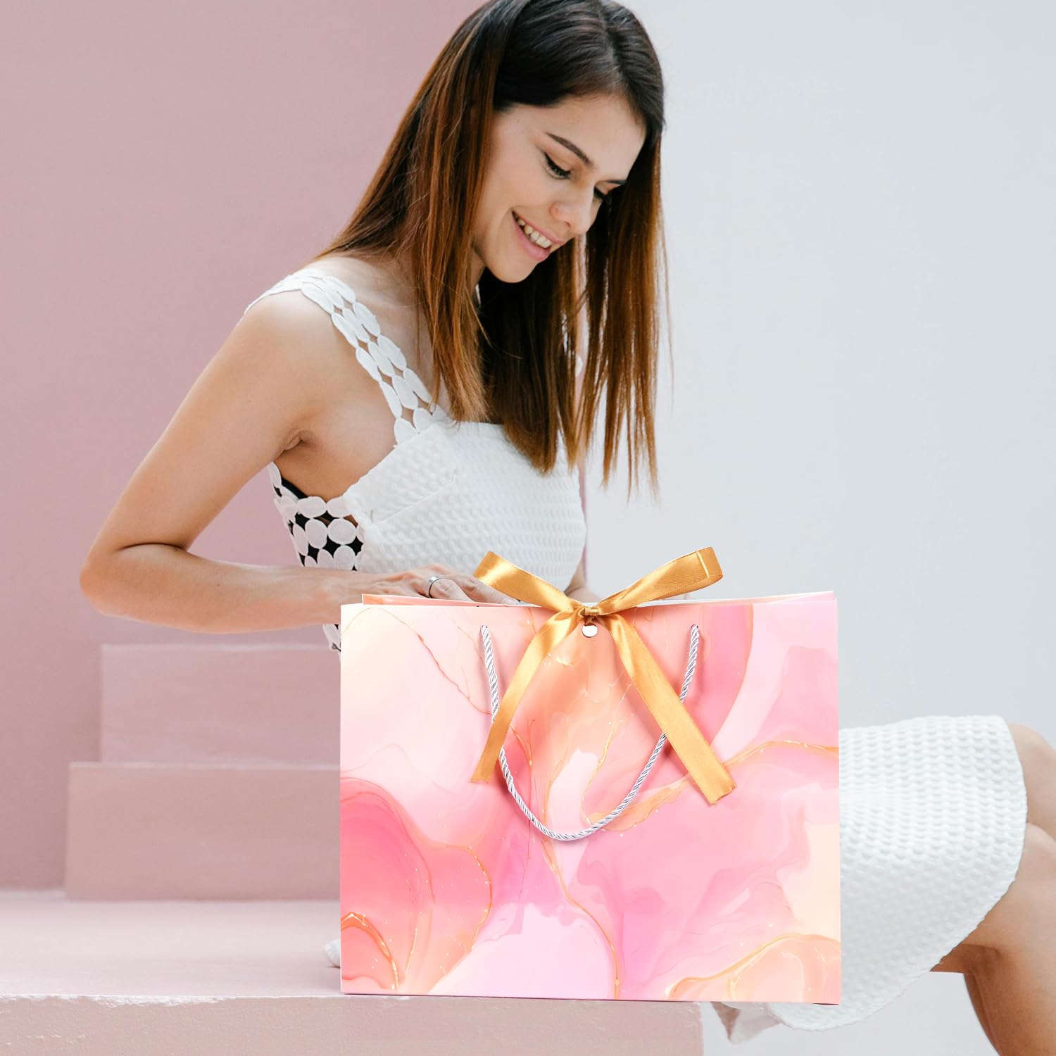 MAMUNU Pink Gift Bags, 2PCS 13” Large Gift Bags with Tissue Paper and Greeting Cards, Gift Bags with Handles Bow for Women Girls, Pink Gift Bags for Birthday Wedding Bridal Baby Shower Anniversaries