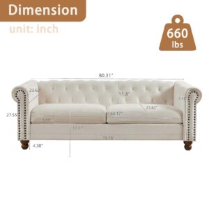 Halofe Classic Chesterfield Sofa, 80.31" Modern Velvet 3 Seater Sofa Couch with 2 Pillows, Tufted Back Chesterfield Settee Sofas with Rolled Arms and Nailhead Trim for Living Room, Office (White)