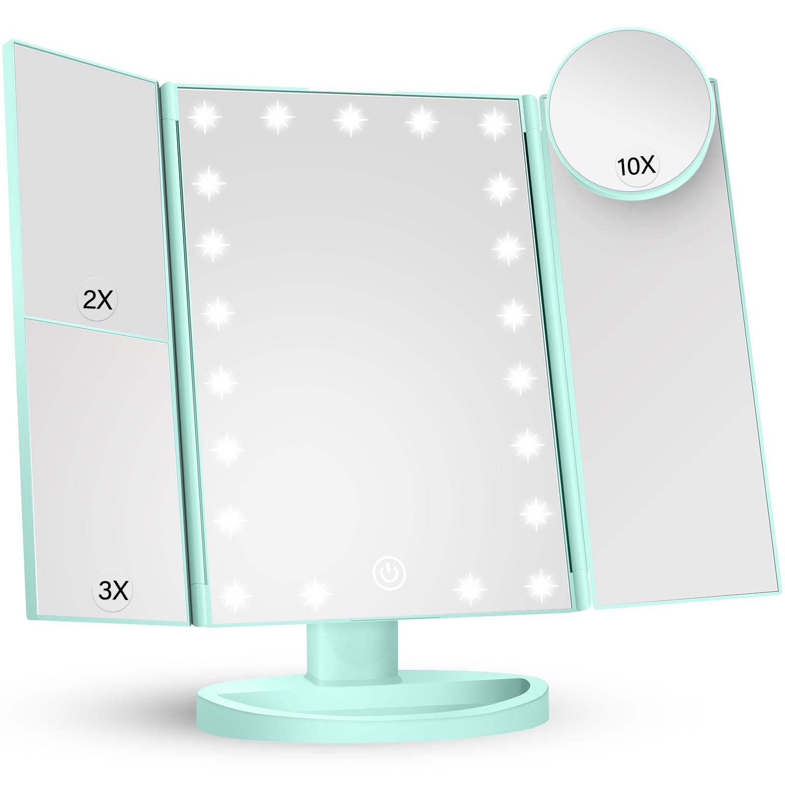 HUONUL Makeup Mirror Vanity with Lights, 2X 3X 10X Magnification, Lighted Mirror, Touch Control, Trifold Dual Power Supply, Portable LED Women Gift (Green)