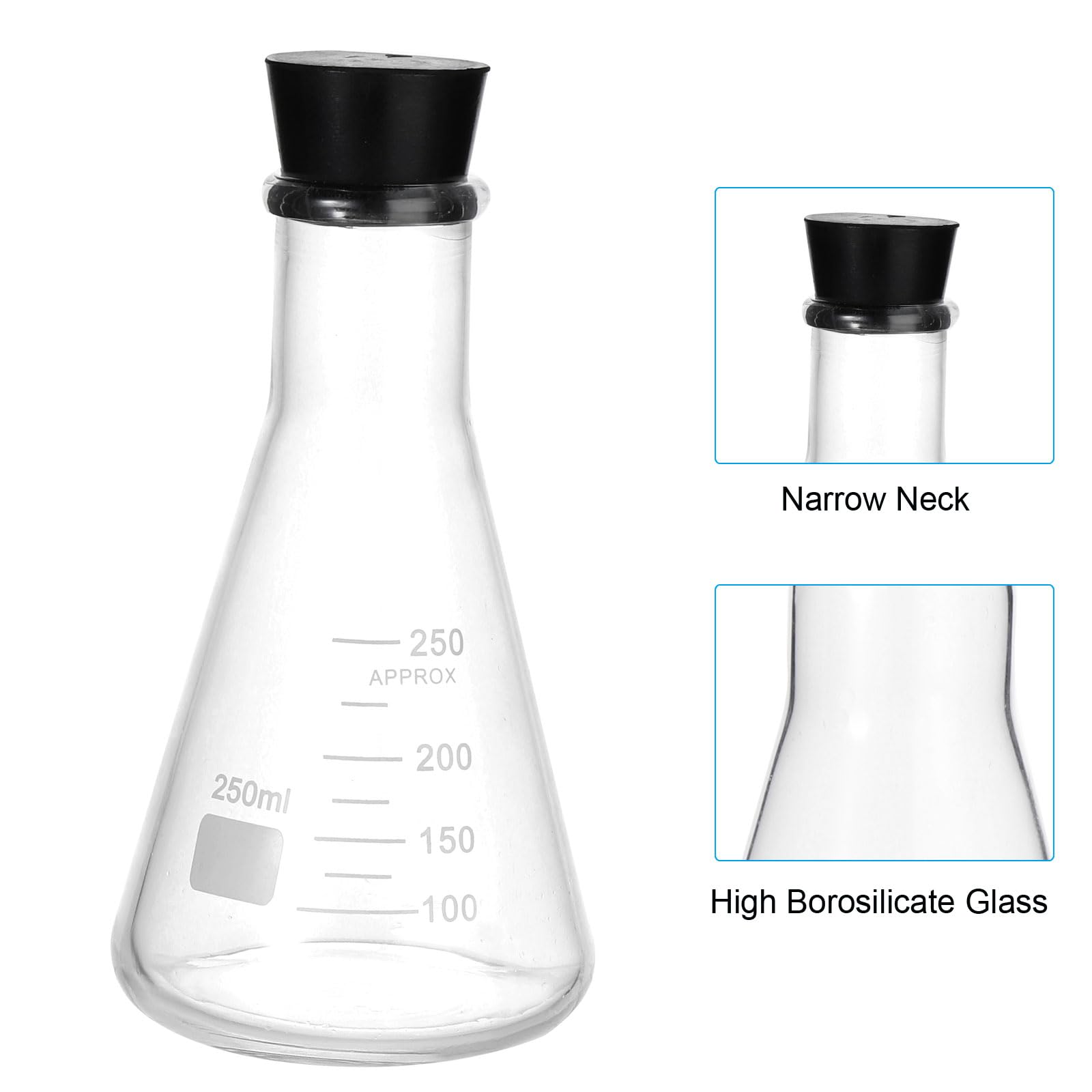 PATIKIL Erlenmeyer Flask, 2 Set 250ml 8.5oz Narrow Mouth Graduated Flasks with Rubber Stopper Borosilicate Glass Flasks with Printed Graduation for Lab Experiment Chemistry Science Study